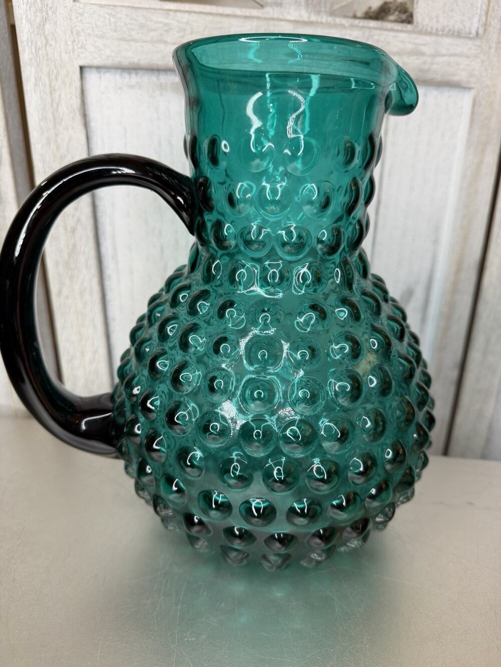 Vintage Hobnail Large Blown Glass Green Pitcher Applied Handle Victorian